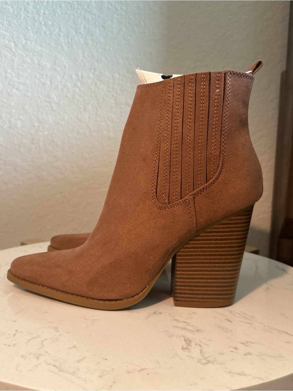 Qupid Rose Brown Suede Stacked Heel Ankle Boots